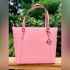 Michael Kors Jet Set East West Tote Primrose Pink Leather Logo Charm NWT